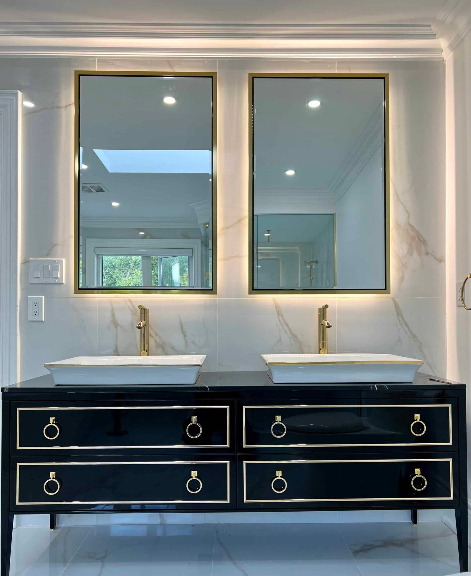 Custom double sink vanity with LED mirrors