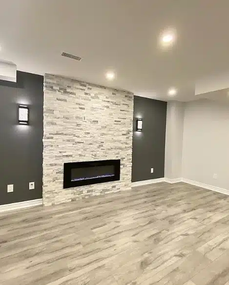 Vinyl flooring with fireplace and LED pot lights