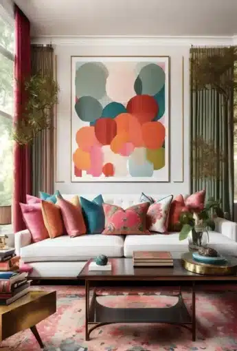 Stylish living room interior featuring a white sofa adorned with vibrant multi-colored throw pillows. A large abstract art piece with bold colors, including red, pink, and teal, hangs above the sofa. The room is decorated with tall green plants, elegant curtains, and a colorful area rug. A wooden coffee table is set with books and decorative items, completing the contemporary and lively design.