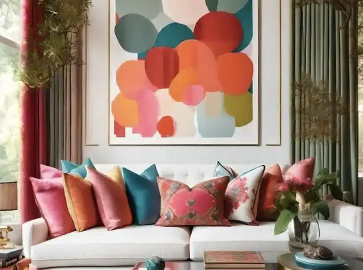 Stylish living room interior featuring a white sofa adorned with vibrant multi-colored throw pillows. A large abstract art piece with bold colors, including red, pink, and teal, hangs above the sofa. The room is decorated with tall green plants, elegant curtains, and a colorful area rug. A wooden coffee table is set with books and decorative items, completing the contemporary and lively design.