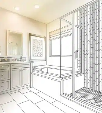 a drawing of a bathroom with a sink, shower, and toilet