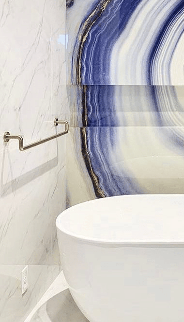 Luxury bathroom remodeling with free standing bathtub and marble big slap tile