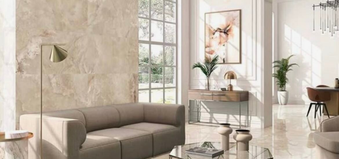 living room with porcelain tiles