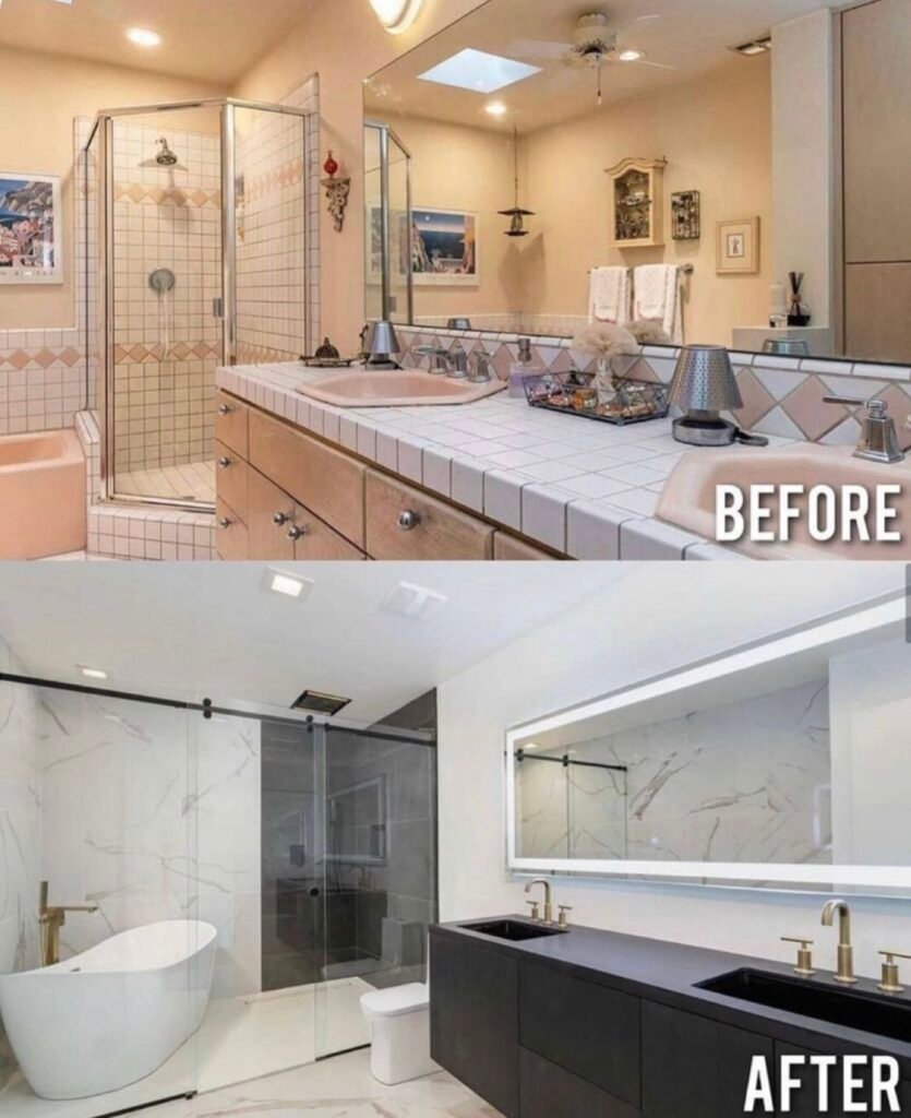 before after bathroom renovation showing modern luxury design with new tiles, vanity and lighting