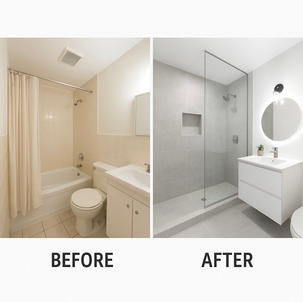 Before and after comparison of a small bathroom renovation, showcasing a transition from a dated layout with a bathtub to a modern space featuring a walk-in shower, sleek vanity, and contemporary fixtures, emphasizing efficient use of space and design improvements.