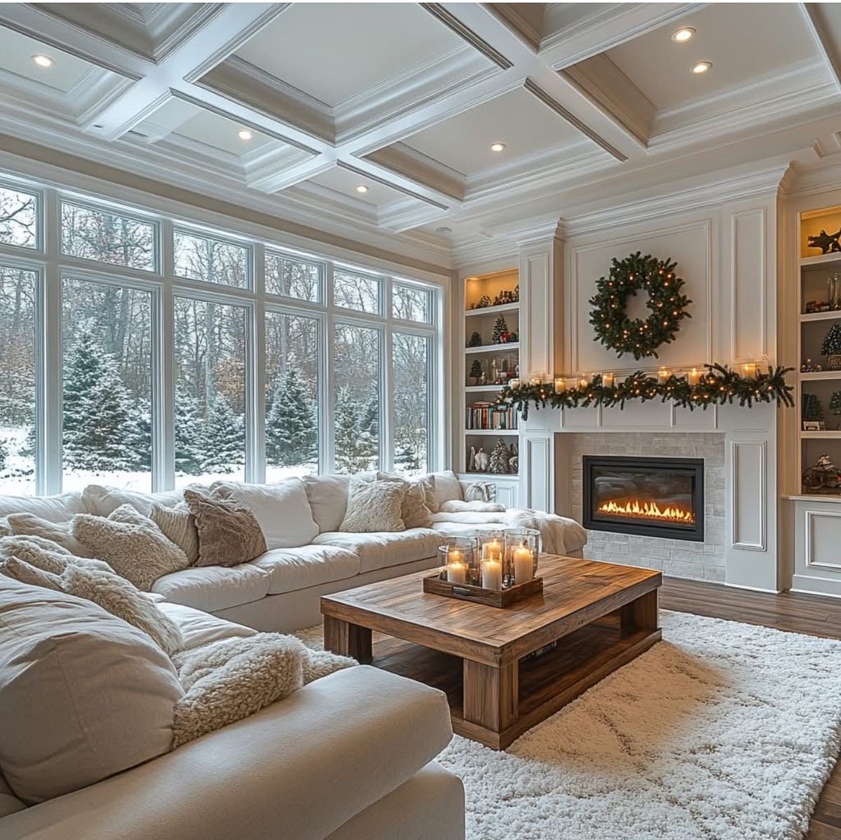 Cozy winter living room with plush white sofa, wooden coffee table, candles, and a fireplace, featuring large windows showcasing a snowy landscape and festive decor, ideal for winter renovation projects focused on comfort and energy efficiency.