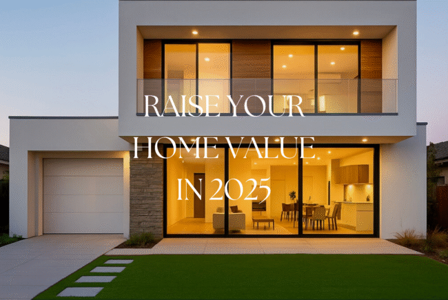 Modern two-story renovated home with large glass windows, white stucco, and wooden paneling.