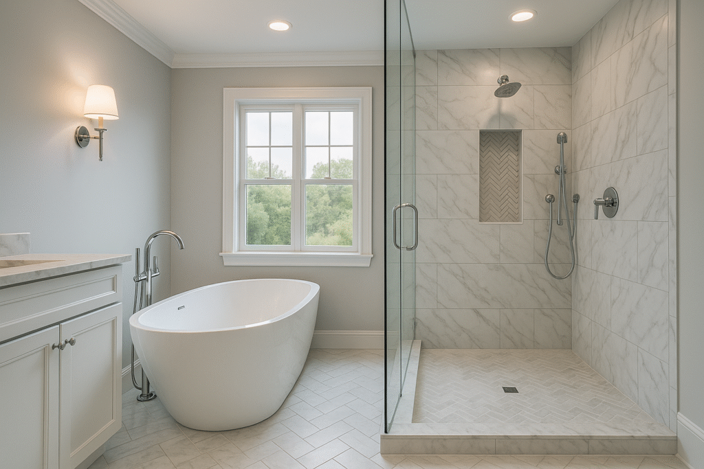 Spa-inspired bathroom renovation with walk-in shower and freestanding tub-Raise your home value in 2025