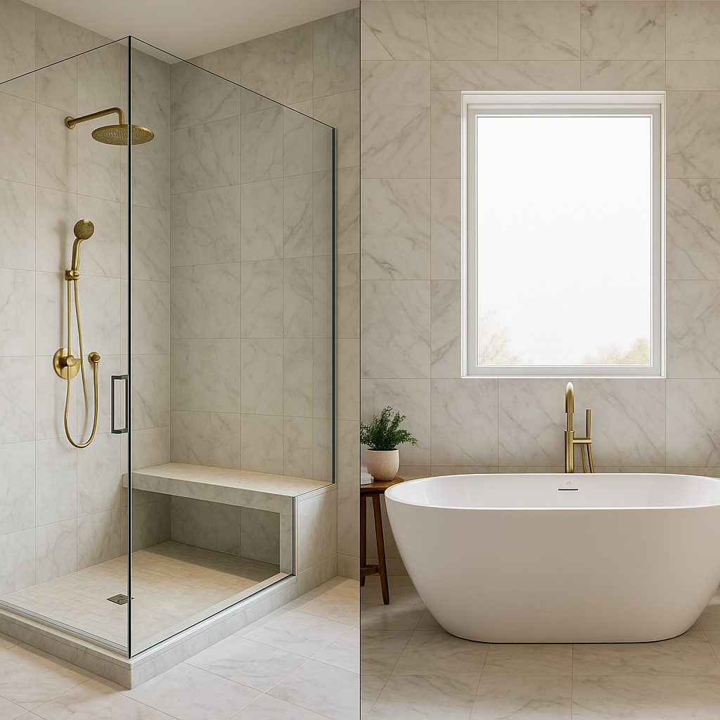 Modern bathroom featuring a walk-in shower with glass enclosure and gold fixtures, adjacent to a freestanding bathtub, emphasizing sleek design and functionality for renovation choices.