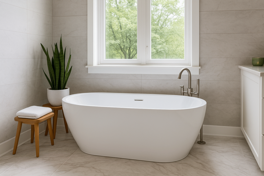 Elegant freestanding bathtub in a luxury bathroom renovation in Toronto.
