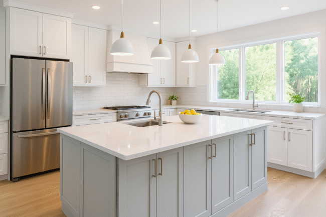 Bright modern kitchen with white cabinets, quartz island, pendant lights, and stainless steel appliances in Toronto home renovation 2025