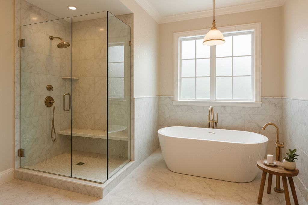 Modern walk-in shower with frameless glass and rain shower head in a Toronto bathroom renovation.
