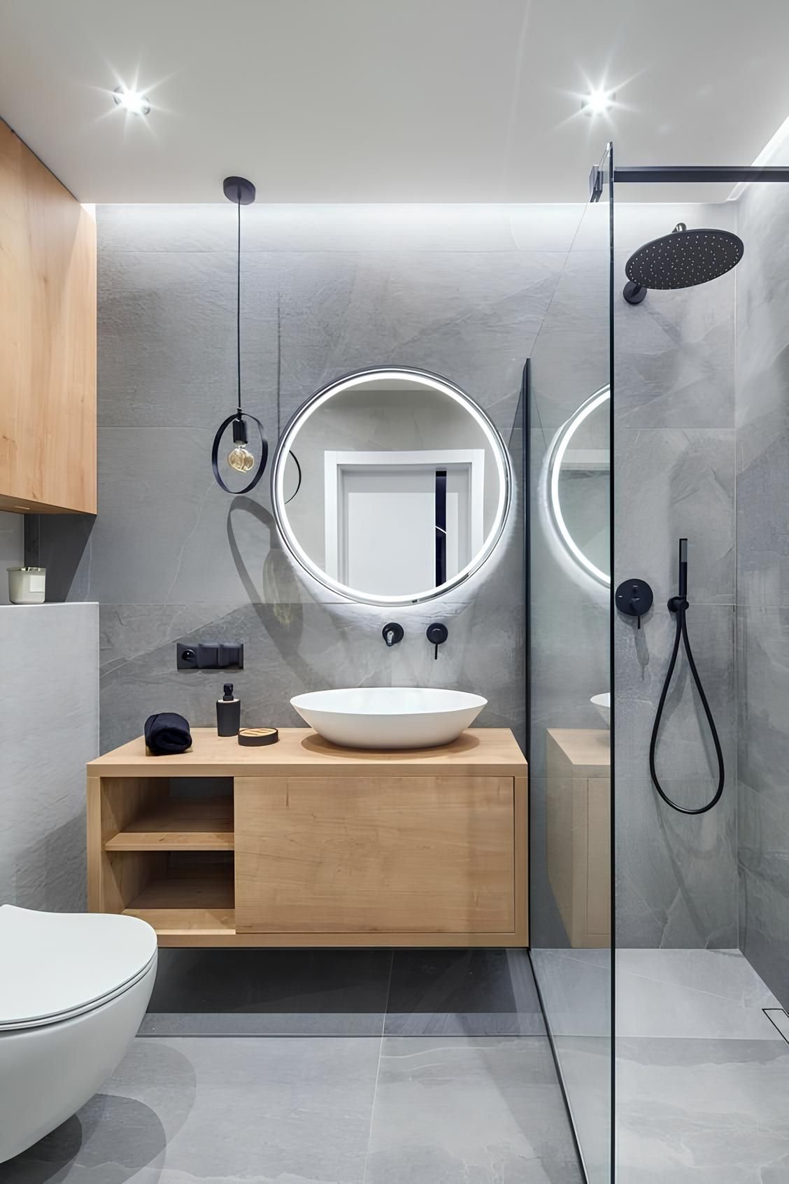 Bathroom with round LED mirror, wood vanity and glass shower