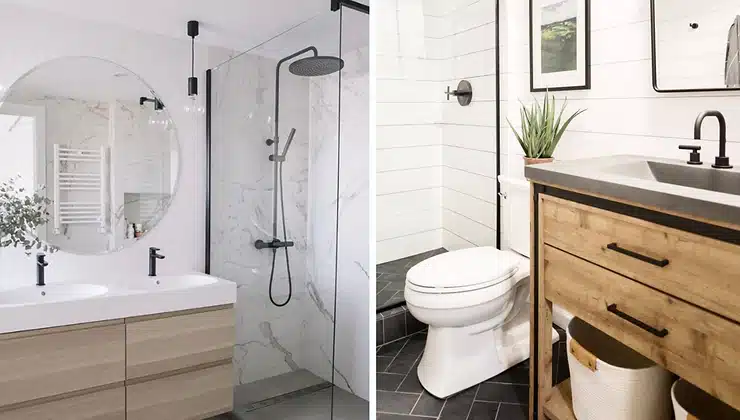 Stylish bathroom designs featuring modern fixtures and decor. The left image showcases a double sink vanity with a round mirror and a glass-enclosed shower with marble walls. The right image displays a rustic wooden vanity, black hardware, and a white subway-tiled shower, creating a cozy yet contemporary feel.