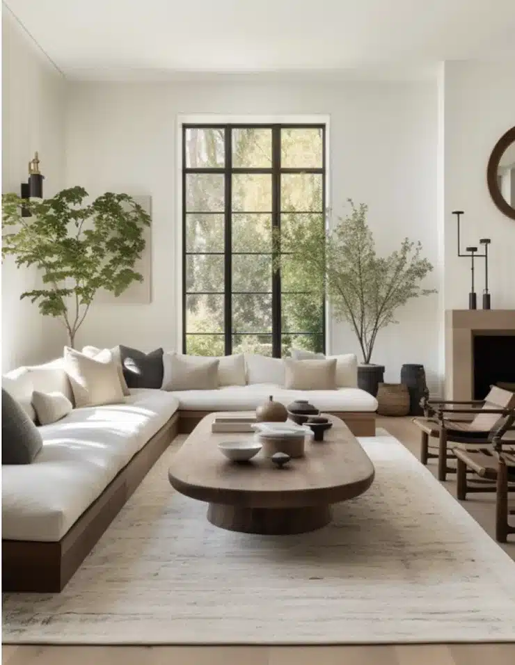 Natural materials in decoration, furniture and decor elements. Light open space.