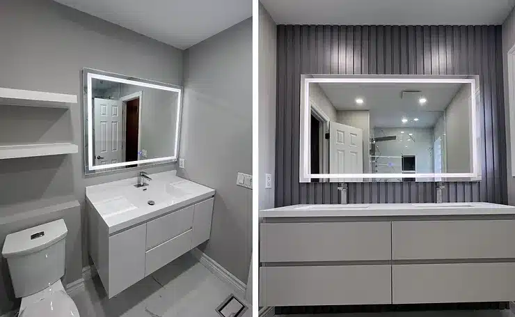 Modern bathroom renovation with sleek white vanity units and illuminated mirrors. The left image features a single sink vanity and toilet in a minimalist setting, while the right image displays a double sink vanity with a textured accent wall, enhancing the contemporary design.
