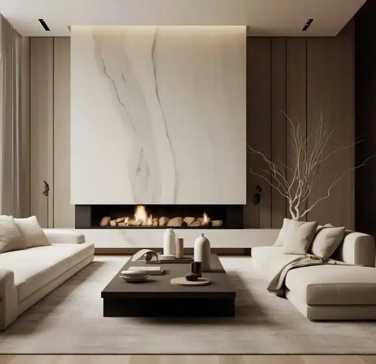 Interior design trends for 2024 featuring travertine, dark wood, and brass elements. Travertine stone is used in tiling, side tables, lamps, vases, and sculptures, blending well with both modern and traditional styles. Dark wood like ebony, teak, walnut, acacia, and rosewood brings depth and personality to spaces, especially when paired with neutral colors like beige, grey, or white. Brass is incorporated into decorative accessories, furniture, and lighting to create a cozy, inviting ambiance, complementing rich, dark colors like black, navy blue, burgundy, and brown