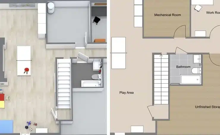 Detailed basement floor plans with designated areas for play, mechanical room, work room, bathroom, and unfinished storage. Includes staircase and room layouts with furniture placement.
