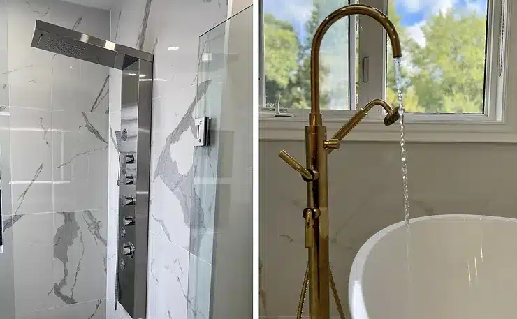 Luxurious bathroom fixtures featuring a modern rainfall shower with marble tiles and a gold freestanding bathtub faucet with a view of the outdoors.