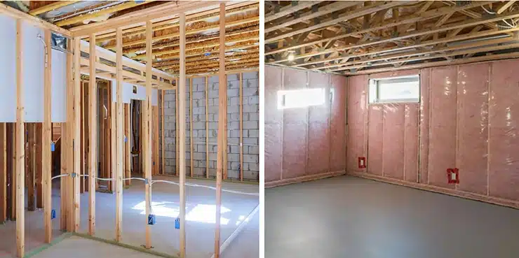 Basement under construction, showcasing wooden framing and insulation installation. Left image highlights electrical wiring within wooden studs, while the right image displays completed insulation with pink fiberglass batts, prepared for drywall installation.