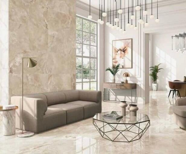 living room with porcelain tiles
