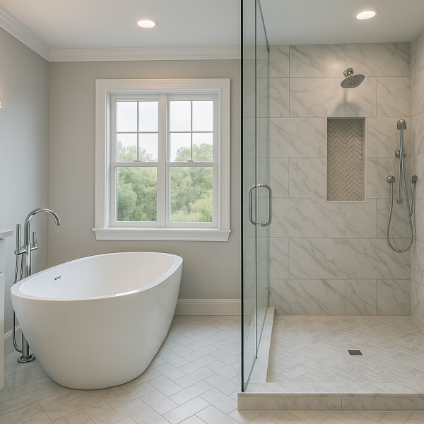 Spa-inspired bathroom renovation with walk-in shower and freestanding tub
