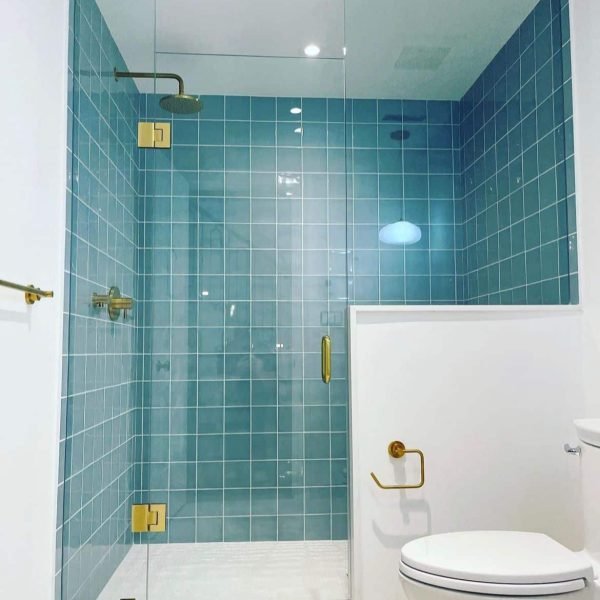 Beach blue 3x3 square tiles with custom shower glass