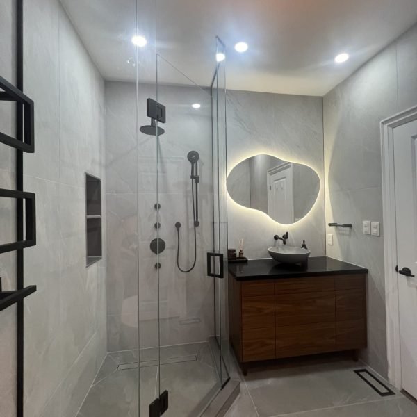 Walk-in shower with frameless glass and LED mirror
